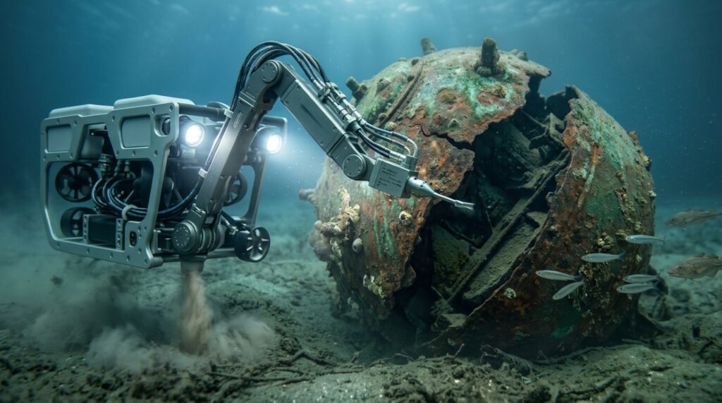 Robô subaquático inspeciona uma bomba antiga e corroída no leito do Mar Báltico durante operação de monitoramento ambiental.
