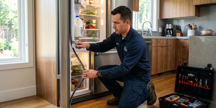 Técnico de refrigeração fazendo manutenção na vedação da porta de uma geladeira. - (Imagem gerada por inteligência artificial-ChatGPT/Olhar Digital)