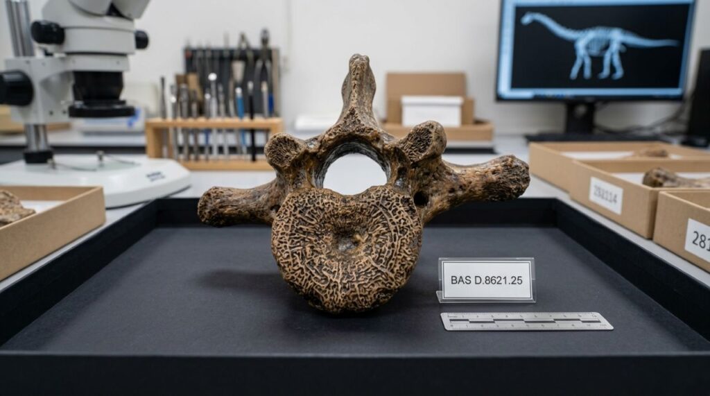 Vértebra caudal fossilizada de titanossauro sobre bandeja de laboratório com etiqueta BAS D.8621.25.