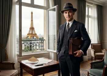 Representação de Victor Lustig em um hotel parisiense de 1925 com documentos sobre uma mesa e a Torre Eiffel visível ao fundo. - (Imagem gerada por inteligência artificial-ChatGPT/Olhar Digital)