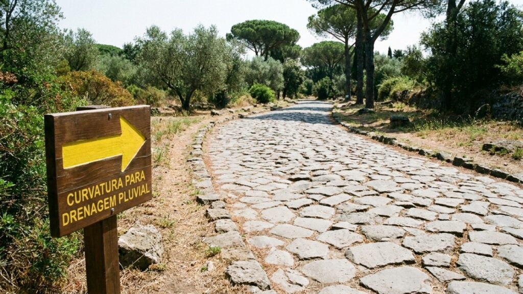A Via Apia romana foi construída em quatro camadas com pedra, cascalho, areia e laje