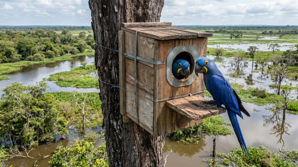 Em 1990, uma bióloga contou as araras-azuis que sobravam no Pantanal e chegou a cerca de 1.500 aves, com a espécie sendo levada para o tráfico aos milhares: 35 anos depois são mais de 6 mil, e a virada começou com uma ideia simples, pendurar ninhos artificiais de madeira nas fazendas de gado