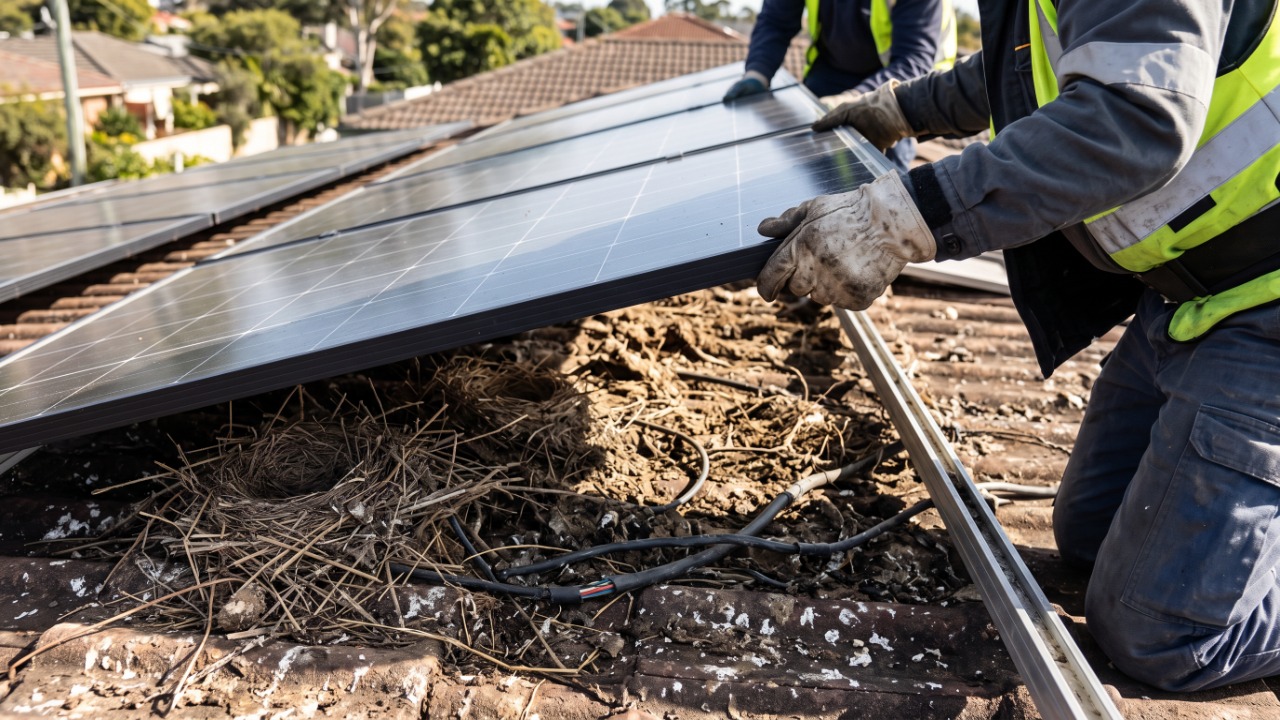 Homem tirou os painéis solares do telhado depois de sete anos e ficou impressionado com o que encontrou embaixo: a sujeira, as fezes de pombo e a diferença de temperatura nas telhas explicam por que a inclinação e o vão de ventilação valem mais do que a marca do painel