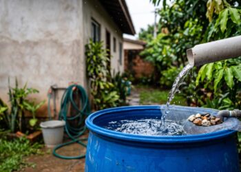 A cisterna de tambor de 200 litros com filtro de brita, areia e carvão que aproveita a água da chuva do telhado: cada 10 metros quadrados de telhado rendem 100 litros a cada chuva de 10 milímetros, e a montagem sai por menos de R$ 300