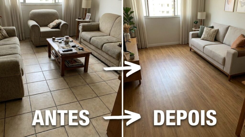 Instalador de piso que reforma apartamento há anos repete o mesmo alerta antes de aceitar o serviço: vinílico colado sobre cerâmica antiga só funciona se o rejunte for preenchido e a superfície regularizada, porque cada frisinho da cerâmica velha reaparece no piso novo em poucos meses e ninguém devolve o dinheiro