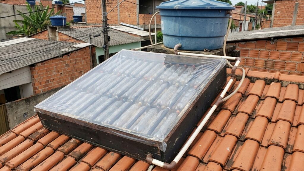 A gambiarra das garrafas PET com tubos de PVC que vira aquecedor solar: o sistema aproveita a água da caixa e o calor do sol para chegar ao chuveiro sem resistência elétrica, e faz diferença na conta porque o banho responde por cerca de um quarto do consumo de uma casa brasileira