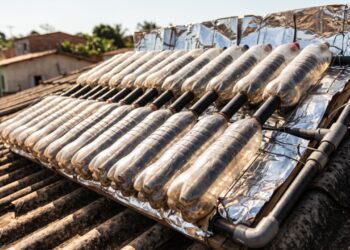 A gambiarra das garrafas PET com tubos de PVC que vira aquecedor solar: o sistema aproveita a água da caixa e o calor do sol para chegar ao chuveiro sem resistência elétrica, e faz diferença na conta porque o banho responde por cerca de um quarto do consumo de uma casa brasileira