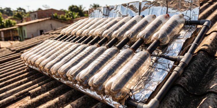 A gambiarra das garrafas PET com tubos de PVC que vira aquecedor solar: o sistema aproveita a água da caixa e o calor do sol para chegar ao chuveiro sem resistência elétrica, e faz diferença na conta porque o banho responde por cerca de um quarto do consumo de uma casa brasileira