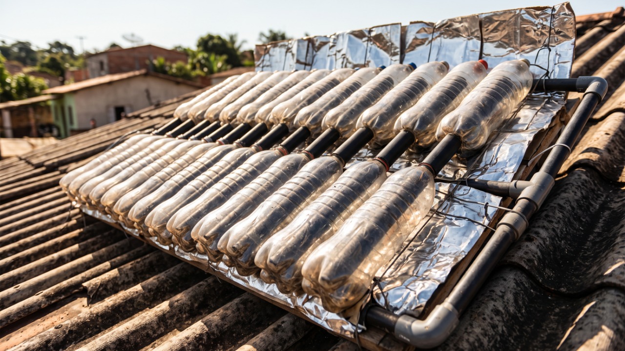 A gambiarra das garrafas PET com tubos de PVC que vira aquecedor solar: o sistema aproveita a água da caixa e o calor do sol para chegar ao chuveiro sem resistência elétrica, e faz diferença na conta porque o banho responde por cerca de um quarto do consumo de uma casa brasileira