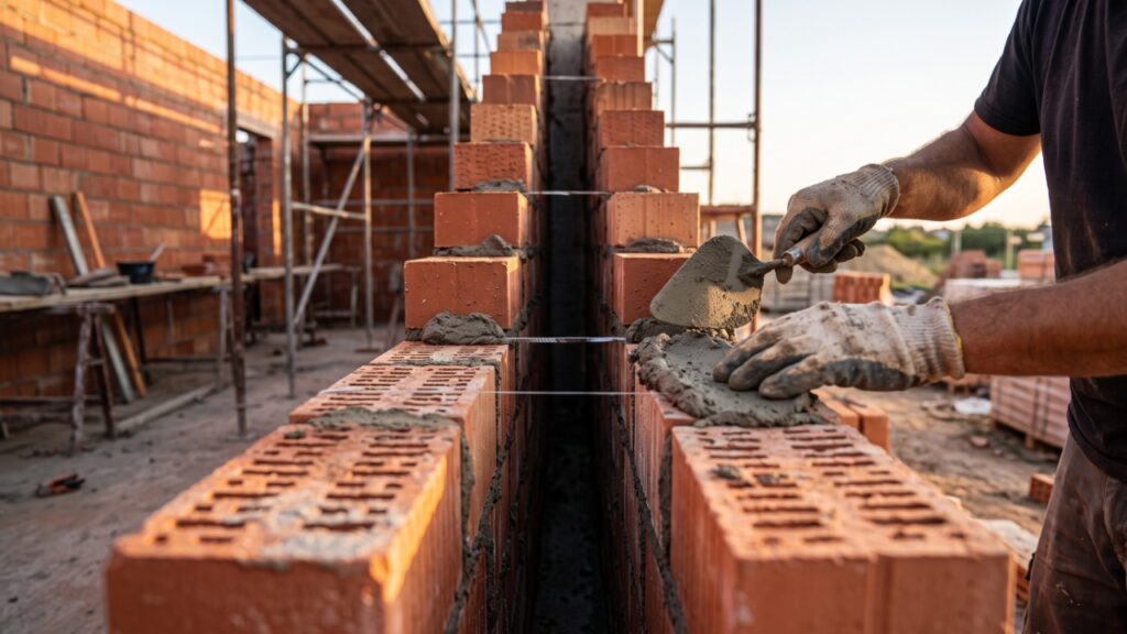 A parede feita com duas fileiras de blocos e uma camada de ar no meio parece desperdiçar espaço, mas esse vazio altera a velocidade com que o calor atravessa a construção