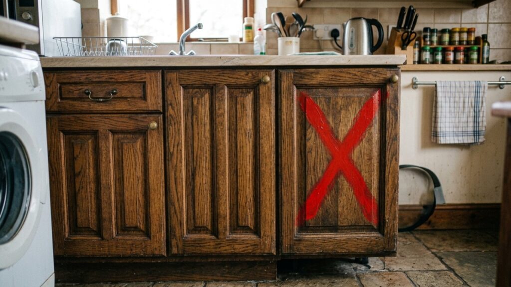 Técnico de gás é chamado para trocar botijão dentro de armário fechado da cozinha, cancela o serviço e explica a distância mínima que a instalação precisa respeitar do fogão