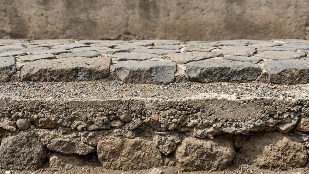 A Via Apia romana foi construída em quatro camadas com pedra, cascalho, areia e laje