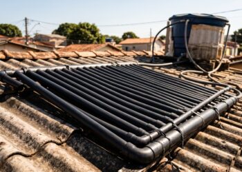 Casas estão usando tubos pretos expostos ao sol para pré-aquecer água antes do chuveiro, reduzindo o trabalho da resistência justamente no período mais quente do dia