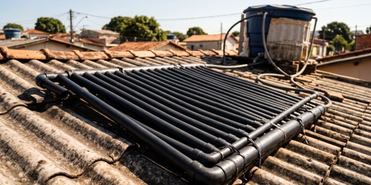 Casas estão usando tubos pretos expostos ao sol para pré-aquecer água antes do chuveiro, reduzindo o trabalho da resistência justamente no período mais quente do dia