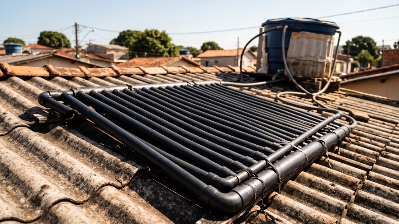 Casas estão usando tubos pretos expostos ao sol para pré-aquecer água antes do chuveiro, reduzindo o trabalho da resistência justamente no período mais quente do dia