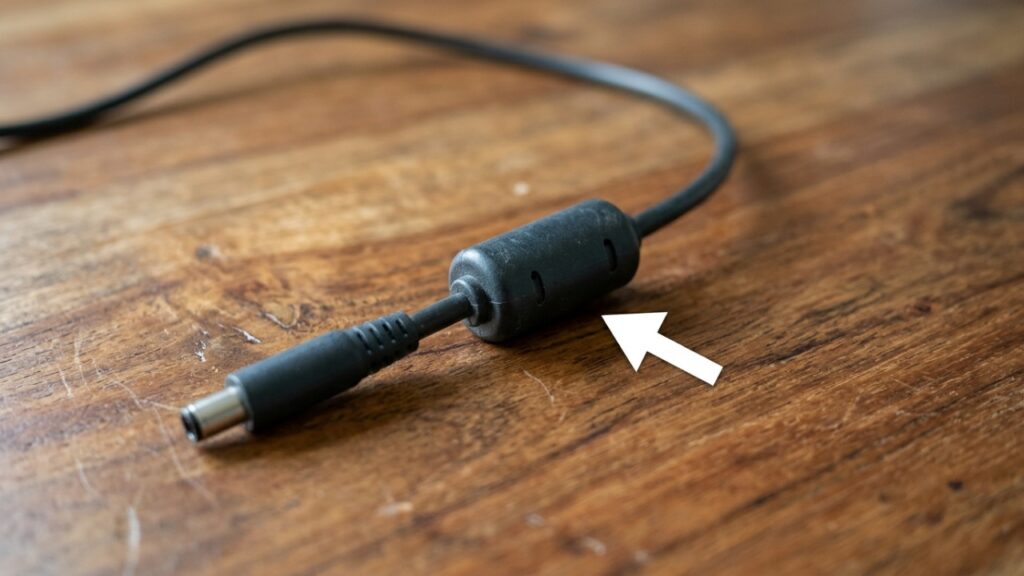 Por que alguns carregadores de notebook têm um cilindro grosso preso ao cabo perto do conector e outros funcionam sem ele