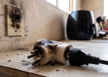 Eletricista que atende chamado de tomada derretida há anos repete o mesmo alerta: em 127 volts, uma air fryer de 1.500 watts já puxa quase 12 ampères, acima dos 10 ampères de um benjamim ou extensão comum