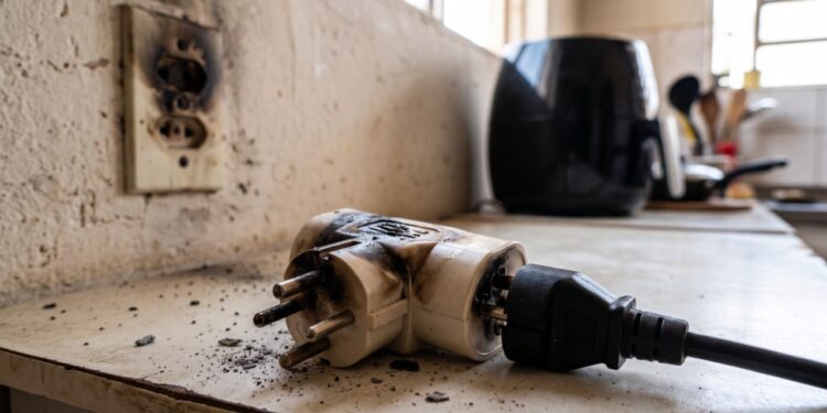 Eletricista que atende chamado de tomada derretida há anos repete o mesmo alerta: em 127 volts, uma air fryer de 1.500 watts já puxa quase 12 ampères, acima dos 10 ampères de um benjamim ou extensão comum