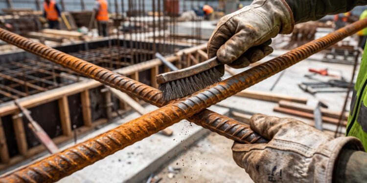 Produtor compra vergalhão e encontra ferrugem nas barras antes de concretar: engenheiros explicam qual tipo de ferrugem é superficial e some no contato com o concreto, qual já comeu a seção da barra e obriga a devolver o lote, e o teste da escova de aço que qualquer um faz na obra