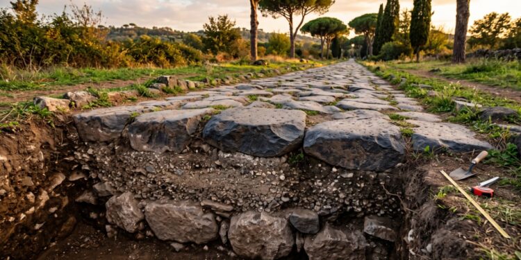A Via Apia romana foi construída em quatro camadas com pedra, cascalho, areia e laje