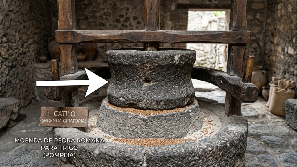 Arqueólogos encontraram em Pompeia uma padaria com moinho movido a burro, coco de rato fossilizado e pão carbonizado com carimbo do padeiro, e descobriram que os romanos já usavam marca registrada para provar autoria