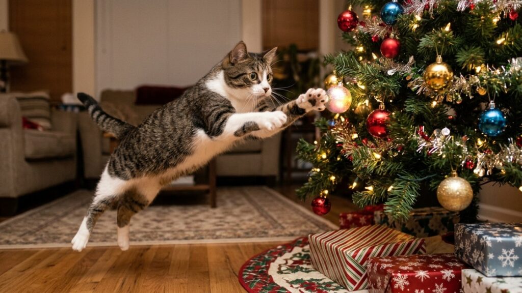 Biólogos alertam: o gato que derruba a árvore de Natal não está sendo travesso, o brilho e o movimento ativam o instinto de caça