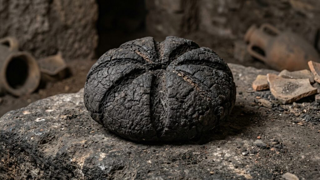 Arqueólogos encontraram em Pompeia uma padaria com moinho movido a burro, coco de rato fossilizado e pão carbonizado com carimbo do padeiro, e descobriram que os romanos já usavam marca registrada para provar autoria