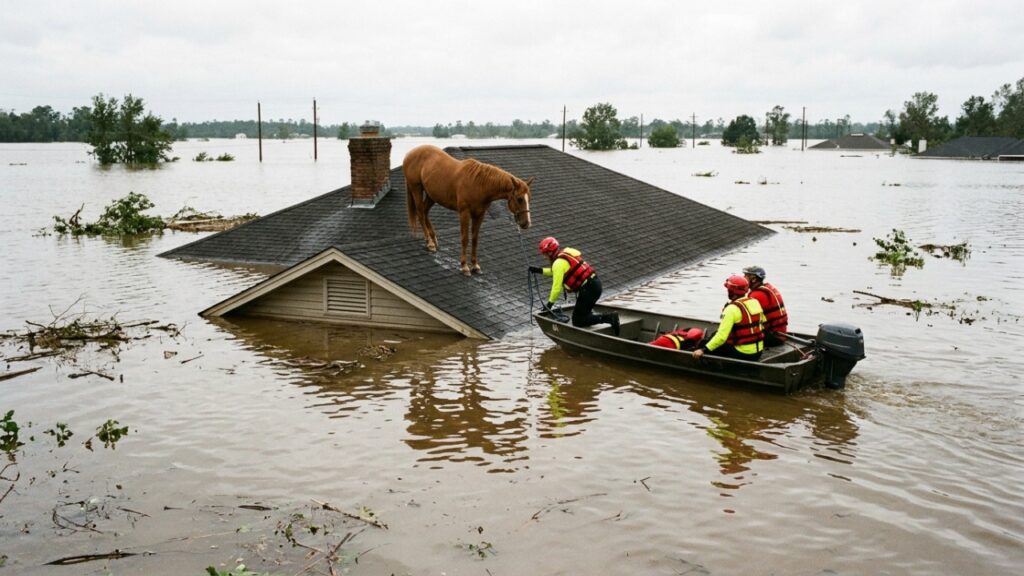 O cavalo Caramelo passou mais de um dia isolado sobre um telhado durante as enchentes no Rio Grande do Sul e mobilizou uma operação de resgate que emocionou o Brasil em 2024
