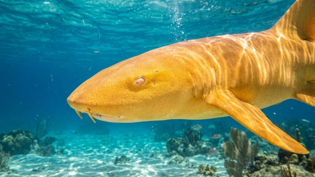 Um tubarão-lixa dourado de quase 2 metros surpreendeu cientistas ao apresentar duas condições raras de pigmentação ao mesmo tempo
