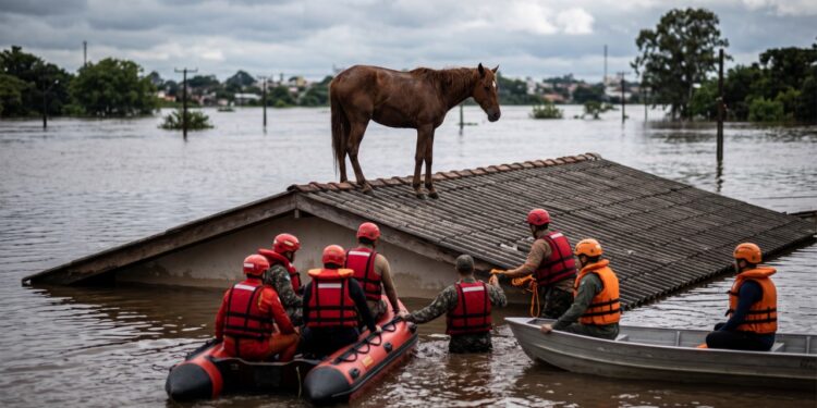 O cavalo Caramelo passou mais de um dia isolado sobre um telhado durante as enchentes no Rio Grande do Sul e mobilizou uma operação de resgate que emocionou o Brasil em 2024