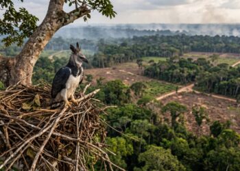 Uma ave de rapina pode abandonar uma área antes que a floresta desapareça por completo porque fragmentação e falta de presas já tornam o território inviável