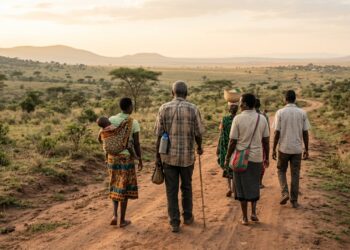 Grupo de adultos africanos caminha junto por uma longa trilha de terra, liderado por um homem mais velho. - (Imagem gerada por inteligência artificial-ChatGPT/Olhar Digital)