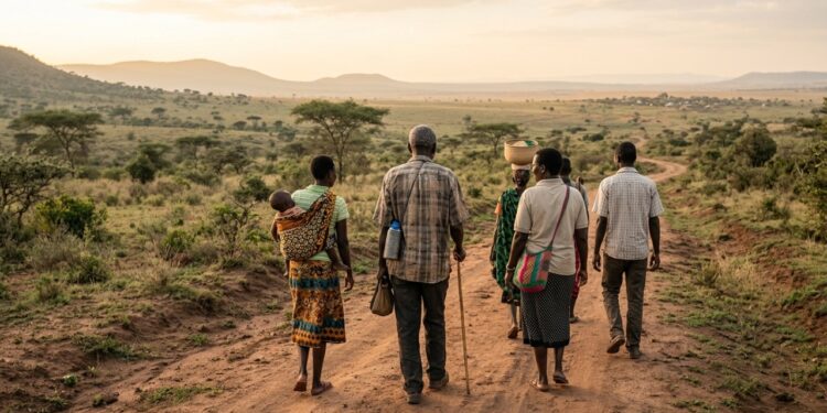 Grupo de adultos africanos caminha junto por uma longa trilha de terra, liderado por um homem mais velho. - (Imagem gerada por inteligência artificial-ChatGPT/Olhar Digital)
