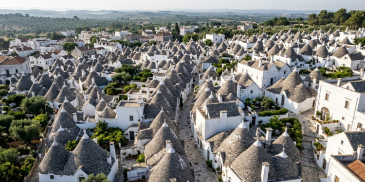 Vista do alto, uma cidade italiana parece formada por mais de 1.500 casinhas com telhados de cone, construídas com pedras encaixadas sem argamassa