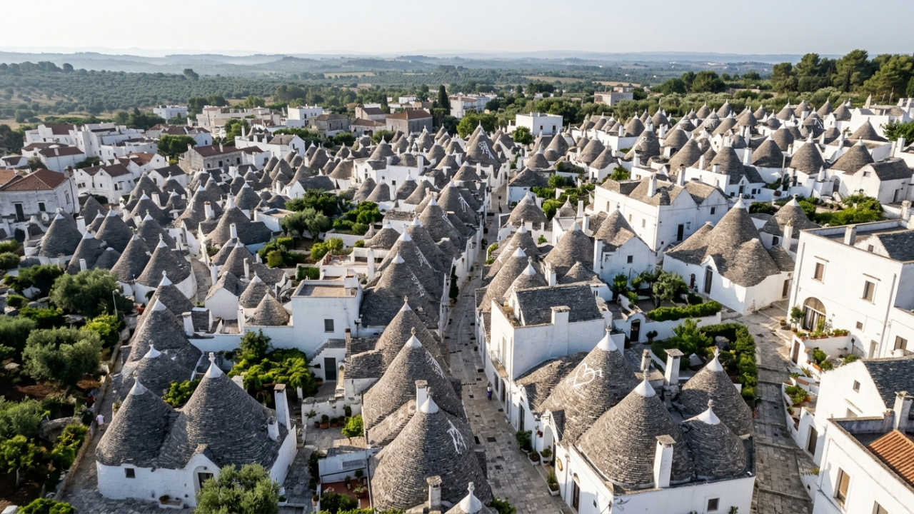 Vista do alto, uma cidade italiana parece formada por mais de 1.500 casinhas com telhados de cone, construídas com pedras encaixadas sem argamassa