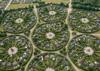 Vista do alto, um bairro dinamarquês parece formado por dezenas de círculos perfeitos divididos como fatias de pizza, mas cada pedaço esconde um jardim particular