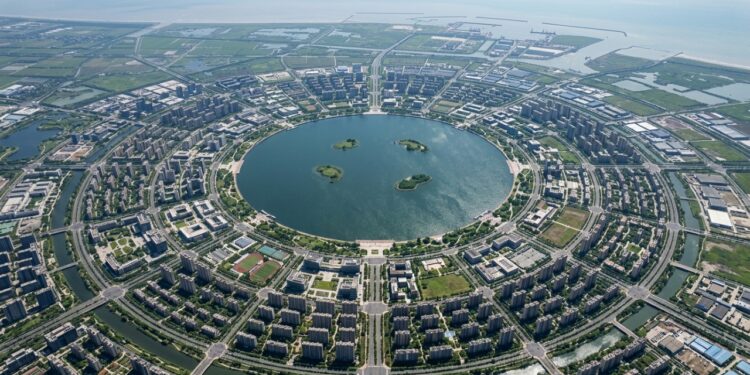 Vista aérea de Nanhui New City, na China, mostrando o lago Dishui circular com três ilhas internas e o traçado geométrico de avenidas e bairros ao seu redor. - (Imagem gerada por inteligência artificial-ChatGPT/Olhar Digital)