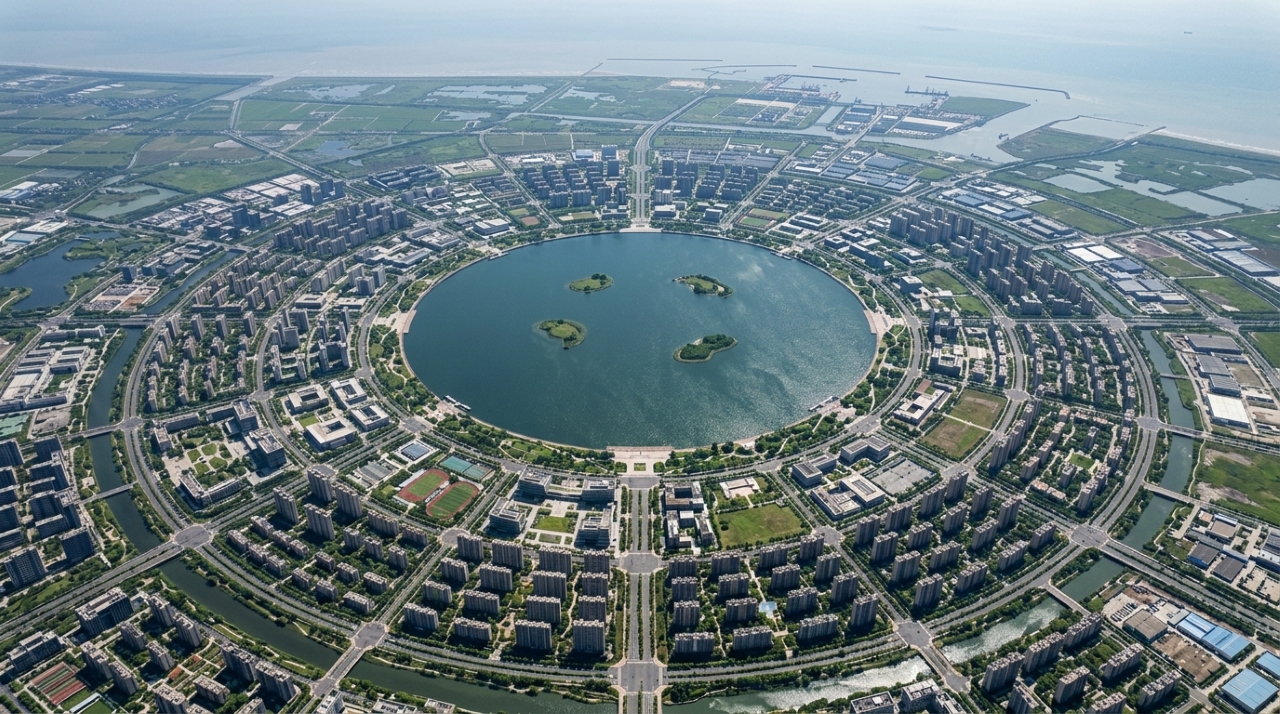 Cidade chinesa vista do alto parece uma bússola gigante construída ao redor de um lago