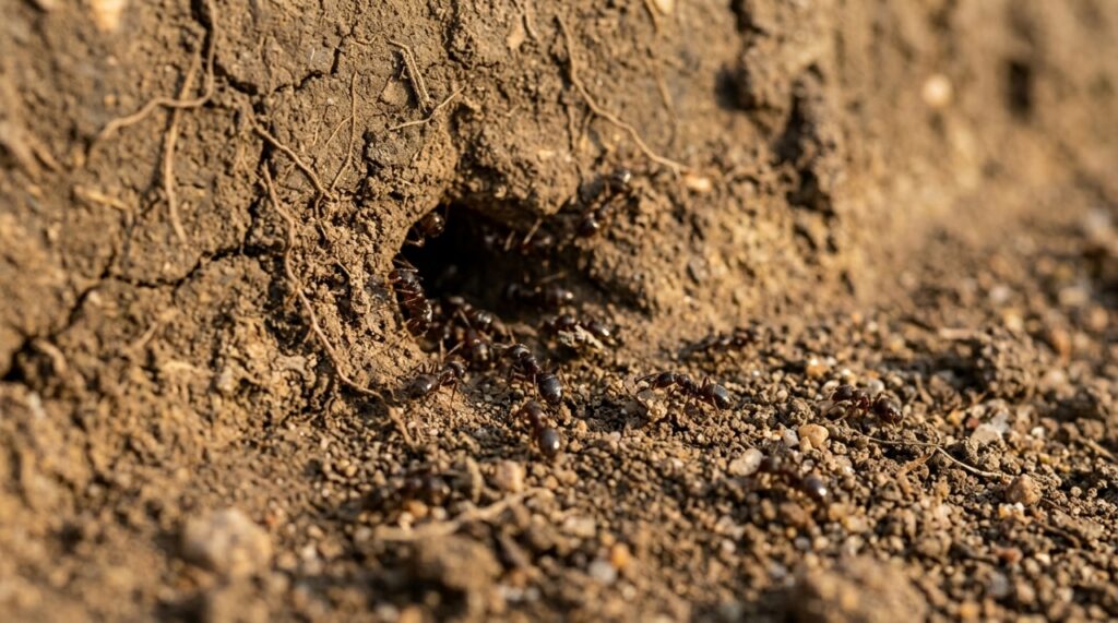 Pequenas formigas próximas à entrada de um formigueiro na superfície de um dique de terra, com fissuras ao redor do buraco, ilustrando a importância de identificar problemas ainda pequenos. - (Imagem gerada por inteligência artificial-ChatGPT/Olhar Digital)