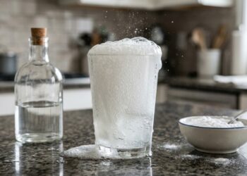 Recipiente de vidro com mistura de vinagre e bicarbonato produzindo espuma branca e bolhas, acompanhado de garrafa de vinagre e tigela com bicarbonato sobre bancada de cozinha. (Imagem gerada por inteligência artificial-ChatGPT/Olhar Digital)