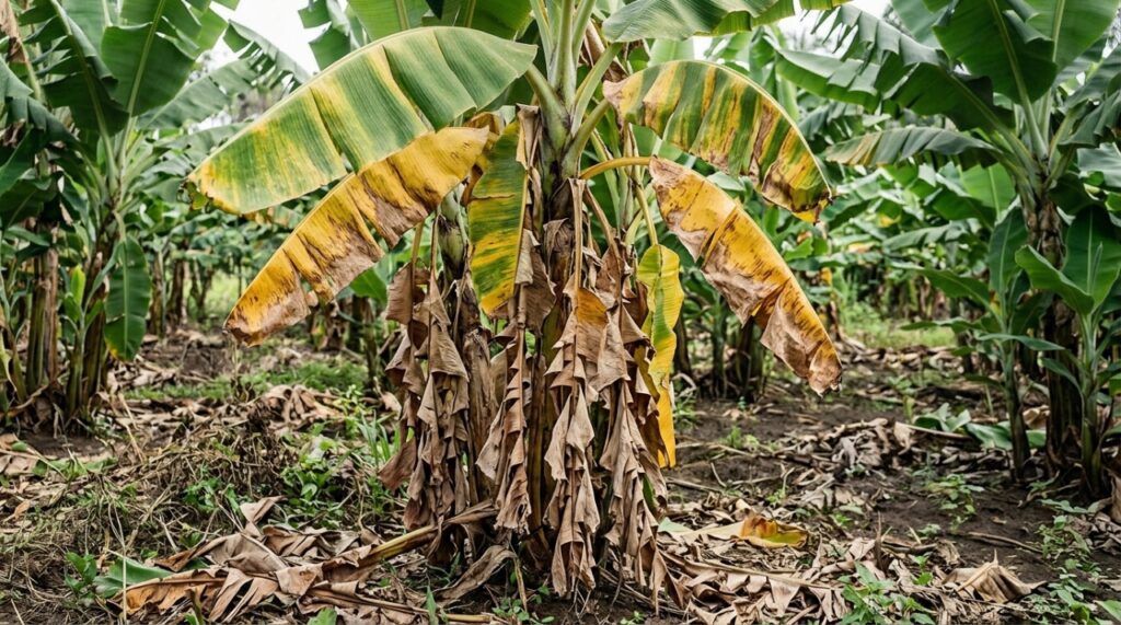 Bananeira com folhas amarelas, secas e caídas, apresentando sintomas compatíveis com a murcha de Fusarium em uma plantação tropical. - (Imagem gerada por inteligência artificial-ChatGPT/Olhar Digital) 