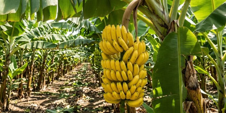 Grande cacho de bananas Cavendish amarelas e uniformes em uma plantação comercial com bananeiras semelhantes organizadas em fileiras. - (Imagem gerada por inteligência artificial-ChatGPT/Olhar Digital)