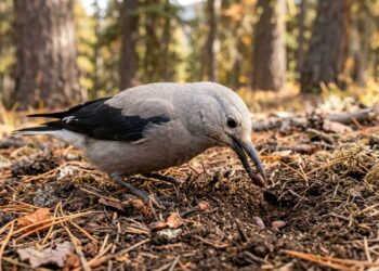 Quebra-nozes-de-Clark de plumagem cinza e preta enterrando sementes de pinheiro no solo de uma floresta montanhosa, cercado por árvores coníferas. - (Imagem gerada por inteligência artificial-ChatGPT/Olhar Digital)