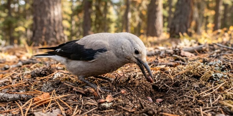 Quebra-nozes-de-Clark de plumagem cinza e preta enterrando sementes de pinheiro no solo de uma floresta montanhosa, cercado por árvores coníferas. - (Imagem gerada por inteligência artificial-ChatGPT/Olhar Digital)