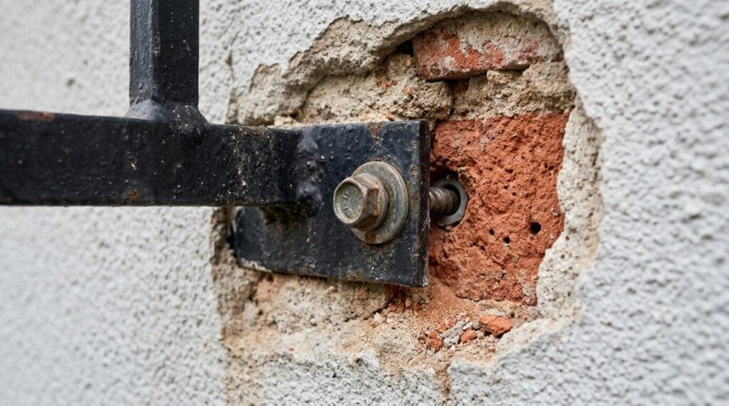 Detalhe de suporte metálico de grade de janela preso por parafuso e bucha à alvenaria, com parte do reboco removida para mostrar a base resistente. - (Imagem gerada por inteligência artificial-ChatGPT/Olhar Digital)