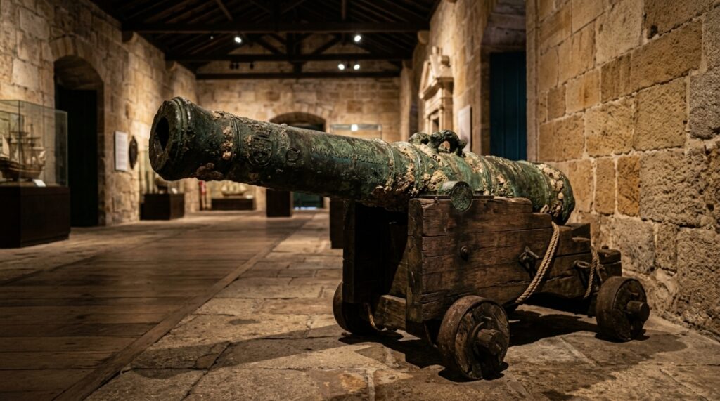 Canhão de bronze recuperado do galeão Santíssimo Sacramento e preservado como patrimônio histórico na Bahia. - (Imagem gerada por inteligência artificial-ChatGPT/Olhar Digital) 