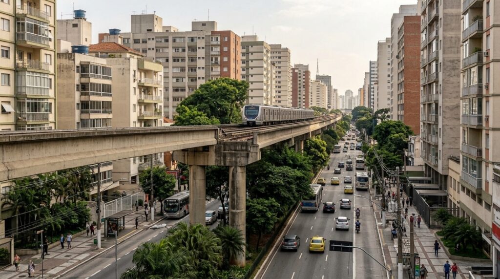 Trem de metrô em estação elevada cercada por prédios residenciais altos em São Paulo, exemplificando a integração entre adensamento urbano e transporte coletivo. - (Imagem gerada por inteligência artificial-ChatGPT/Olhar Digital)