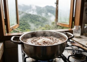 Panela de pressão de aço inoxidável fechada sobre fogão, liberando vapor pela válvula reguladora, com tigela de feijão-carioca ao lado. - (Imagem gerada por inteligência artificial-ChatGPT/Olhar Digital)
