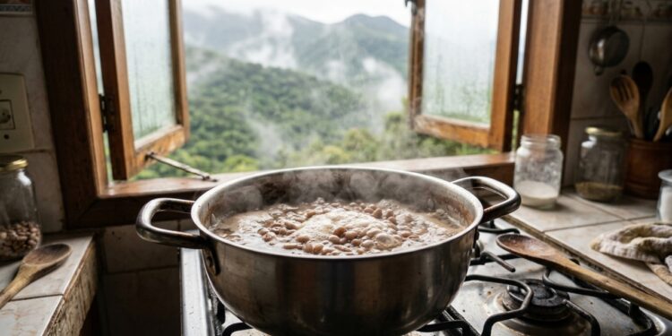 Panela de pressão de aço inoxidável fechada sobre fogão, liberando vapor pela válvula reguladora, com tigela de feijão-carioca ao lado. - (Imagem gerada por inteligência artificial-ChatGPT/Olhar Digital)