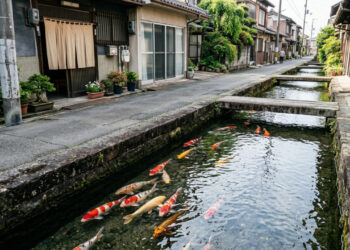 A cidade japonesa onde carpas coloridas nadam em canais de água de nascente ao lado das calçadas, no meio das casas e das lojas
